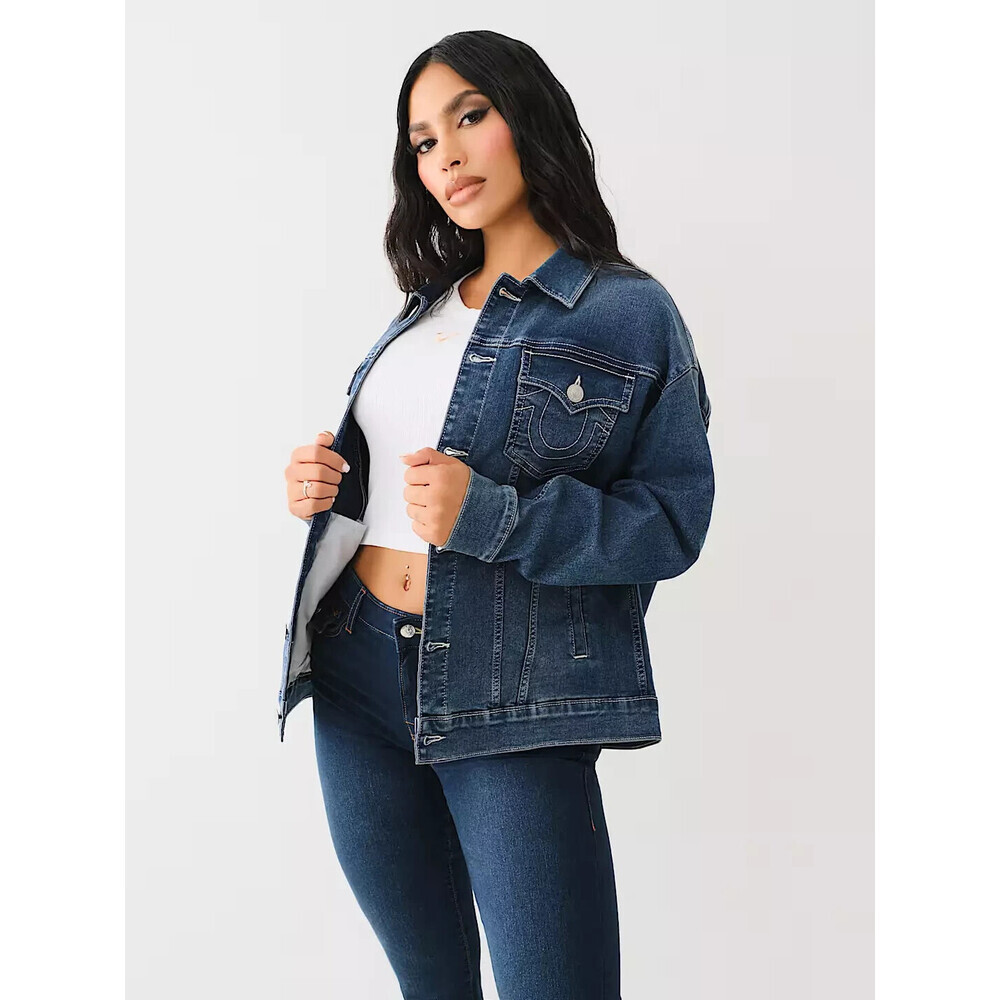 NEW True Religion Women's XL Printed Oversized Denim Jacket NWT $179 - Picture 2 of 3